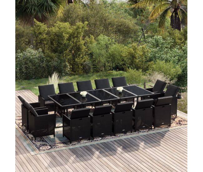 Set comedor de jardín 15 pzas con cojines ratán sintético negro vidaxl