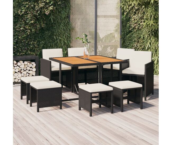 Juego comedor jardín 9 pzas con cojines ratán sintético negro vidaxl