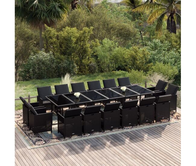 Set comedor de jardín 17 pzas con cojines ratán sintético negro vidaxl