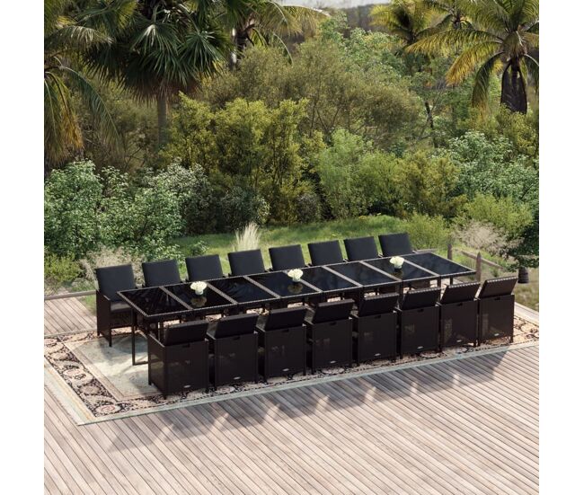 Set de comedor jardín 17 pzas con cojines ratán sintético negro vidaxl