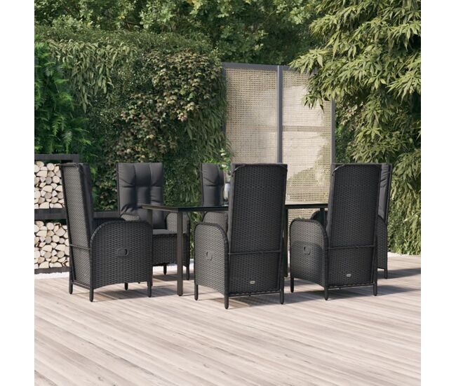 Set de comedor de jardín 7 pzas y cojines ratán sintético negro vidaxl