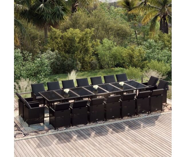 Set comedor de jardín 19 pzas con cojines ratán sintético negro vidaxl