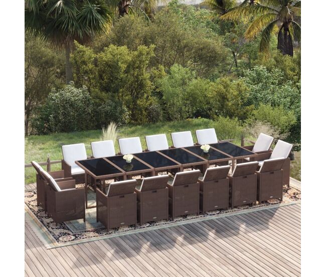 Juego comedor jardín 17 pzas con cojines ratán sintético marrón vidaxl
