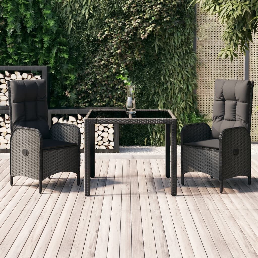 Set comedor de jardín 3 pzas con cojines ratán sintético negro vidaxl