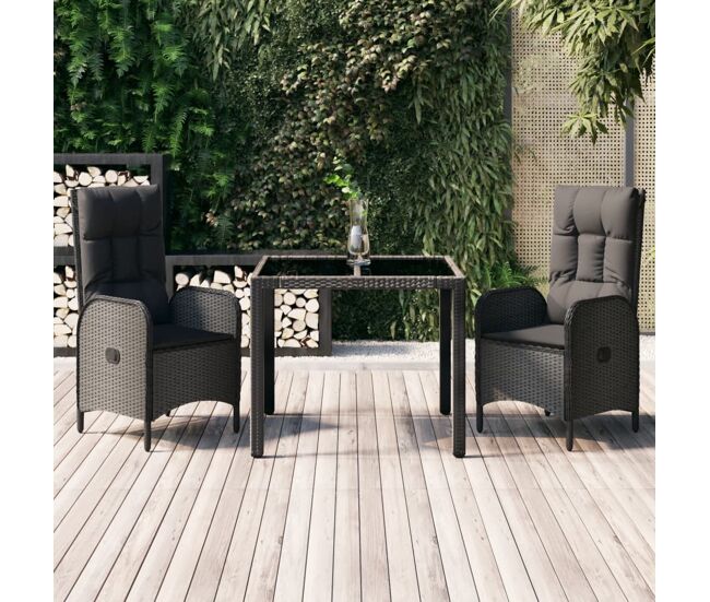 Set comedor de jardín 3 pzas con cojines ratán sintético negro vidaxl