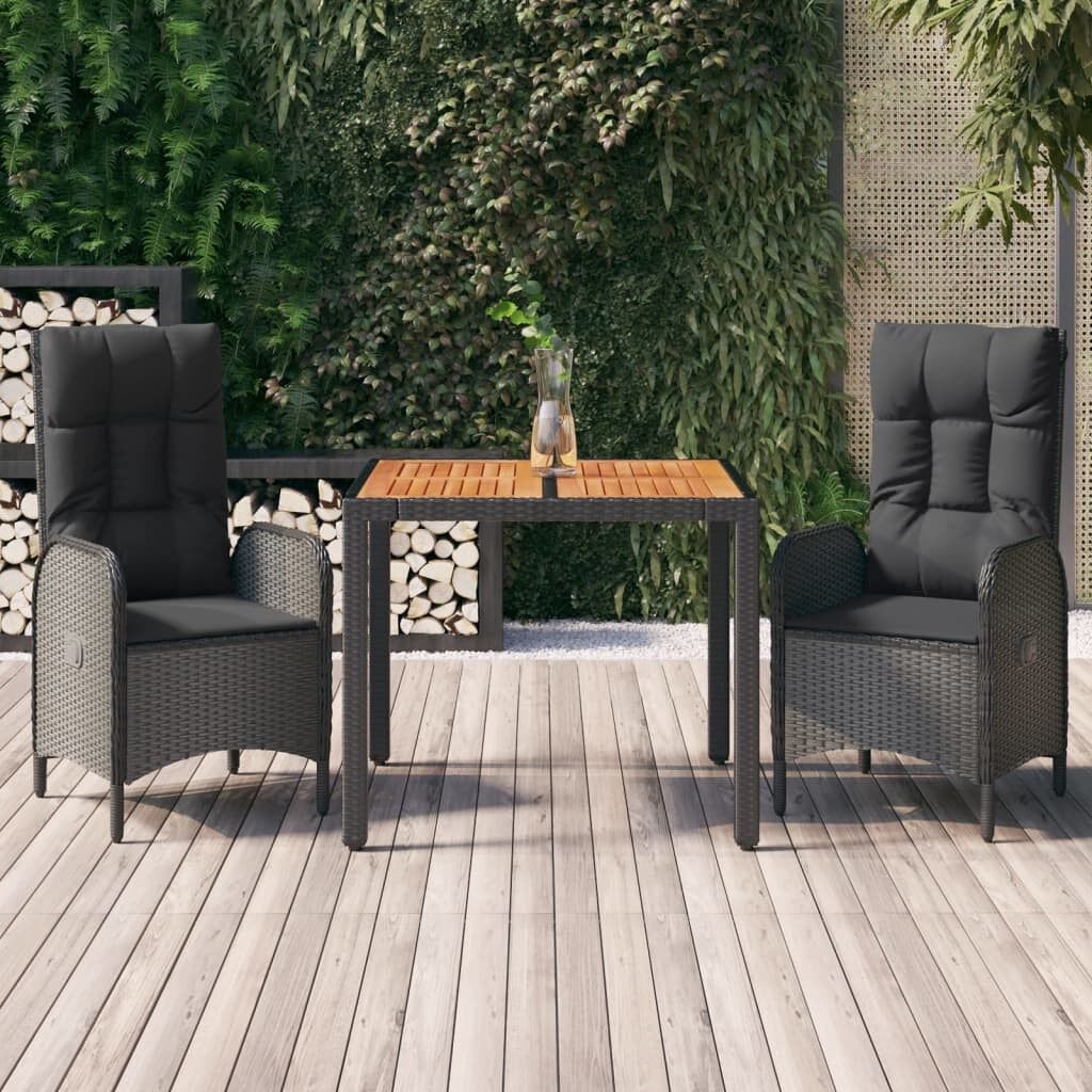 Set comedor de jardín 3 pzas con cojines ratán sintético negro vidaxl