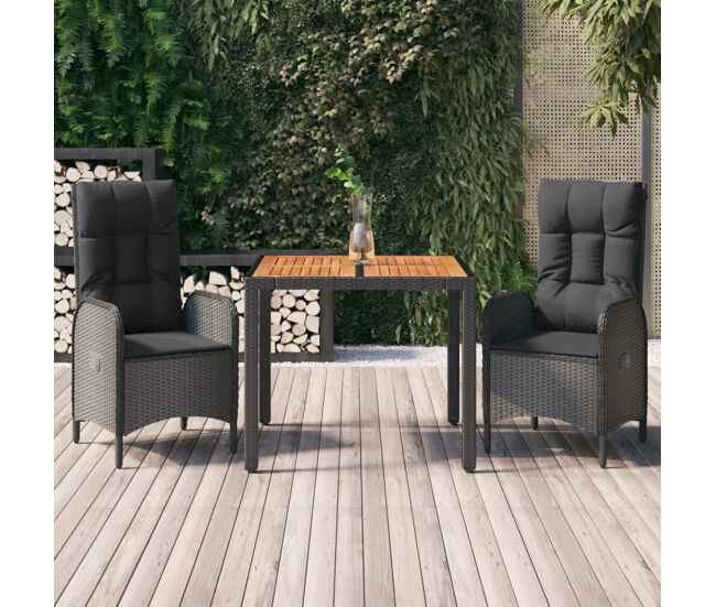 Set comedor de jardín 3 pzas con cojines ratán sintético negro vidaxl