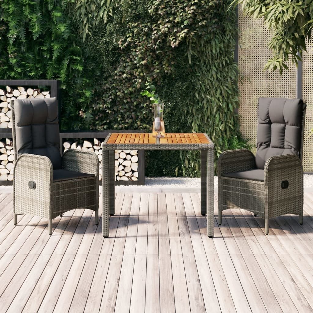 Set comedor de jardín 3 piezas con cojines ratán sintético gris vidaxl
