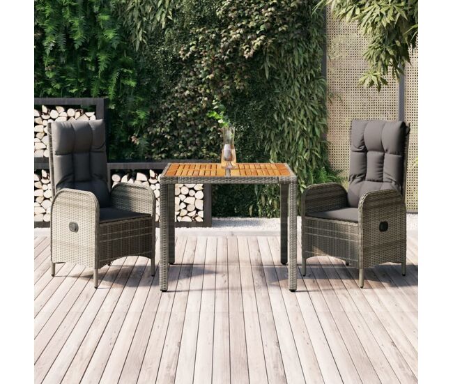 Set comedor de jardín 3 piezas con cojines ratán sintético gris vidaxl
