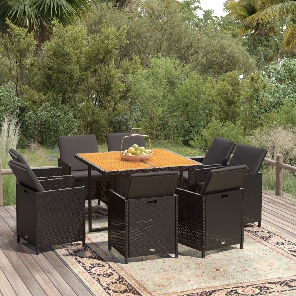 Juego comedor jardín 9 pzas con cojines ratán sintético negro vidaxl