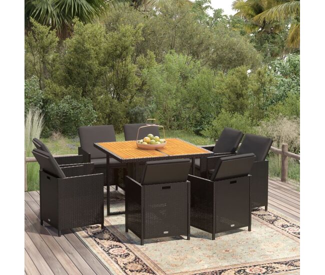 Juego comedor jardín 9 pzas con cojines ratán sintético negro vidaxl