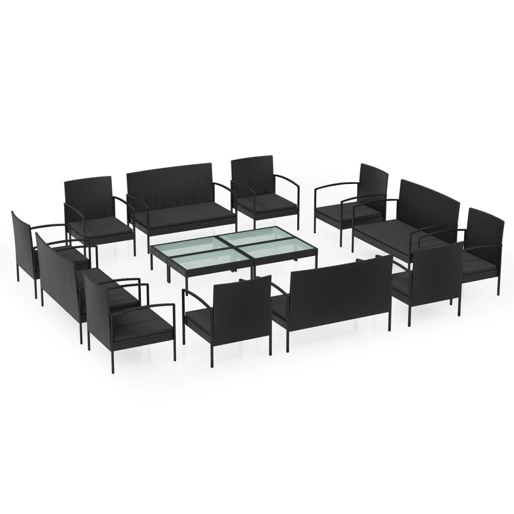 Set muebles de jardín 16 piezas y cojines ratán sintético negro vidaxl
