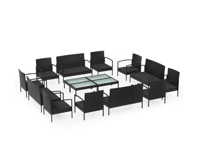 Set muebles de jardín 16 piezas y cojines ratán sintético negro vidaxl