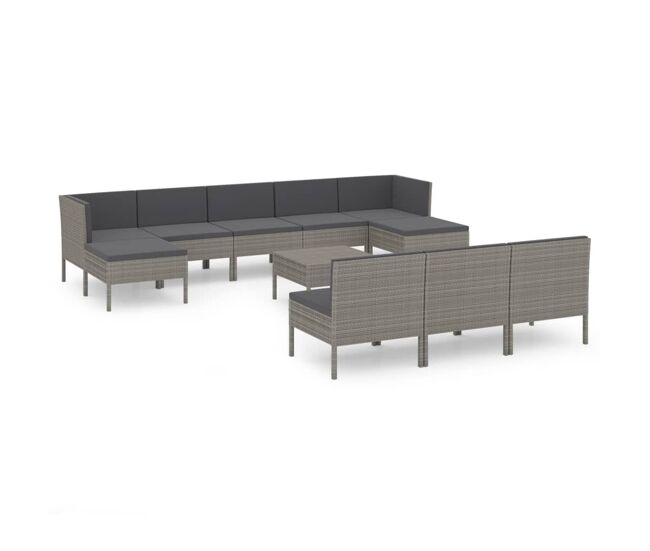 Set de muebles de jardín 11 pzas y cojines ratán sintético gris vidaxl