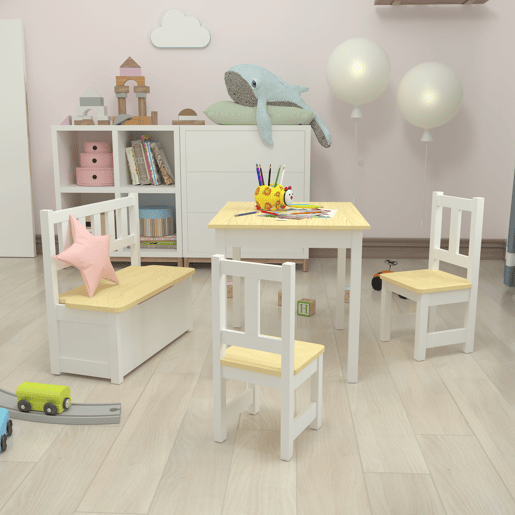 Conjunto de mesa Lousame para crianças com 2 cadeiras e 1 banco pinho MDF natural  branco en.casa