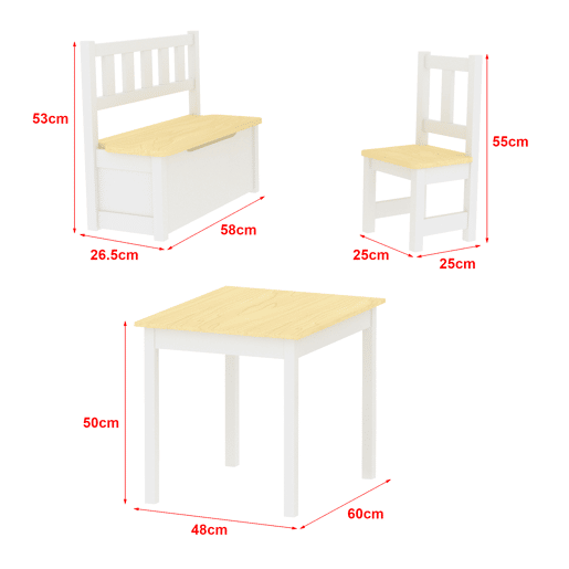 Conjunto de mesa Lousame para crianças com 2 cadeiras e 1 banco pinho MDF natural  branco en.casa