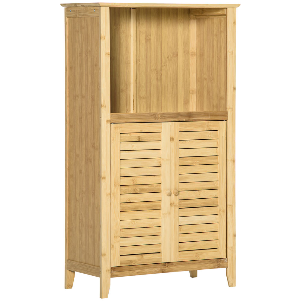 Homcom armario auxiliar de baño de bambú armario de suelo de baño con 2 puertas compartimiento abierto y estante ajustable 50x25,5x90,5 cm natural