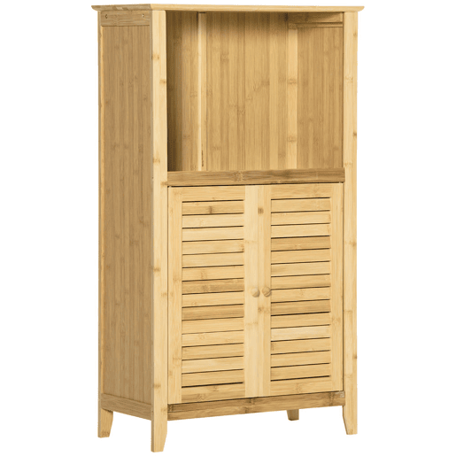 HOMCOM Armário Auxiliar Casa de Banho de Bambu Armário de Casa de Banho com 2 Portas Compartimento Aberto e Prateleira Ajustável 50x25,5x92 cm Madeira