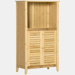 HOMCOM Armário Auxiliar Casa de Banho de Bambu Armário de Casa de Banho com 2 Portas Compartimento Aberto e Prateleira Ajustável 50x25,5x92 cm Madeira