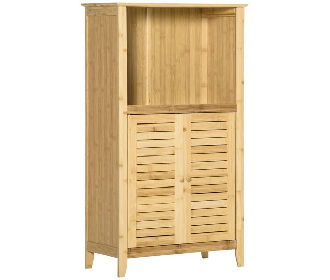 Homcom armario auxiliar de baño de bambú armario de suelo de baño con 2 puertas compartimiento abierto y estante ajustable 50x25,5x90,5 cm natural
