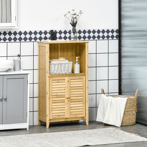 HOMCOM Armário Auxiliar Casa de Banho de Bambu Armário de Casa de Banho com 2 Portas Compartimento Aberto e Prateleira Ajustável 50x25,5x92 cm Madeira