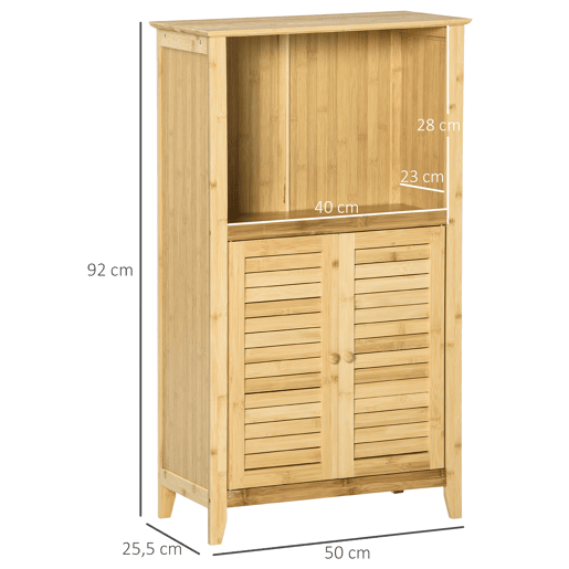 HOMCOM Armário Auxiliar Casa de Banho de Bambu Armário de Casa de Banho com 2 Portas Compartimento Aberto e Prateleira Ajustável 50x25,5x92 cm Madeira