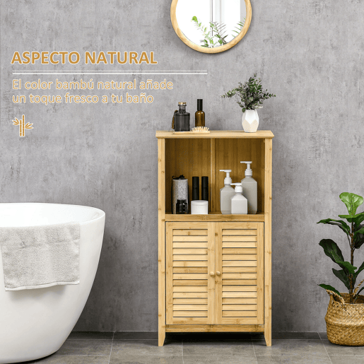 HOMCOM Armário Auxiliar Casa de Banho de Bambu Armário de Casa de Banho com 2 Portas Compartimento Aberto e Prateleira Ajustável 50x25,5x92 cm Madeira