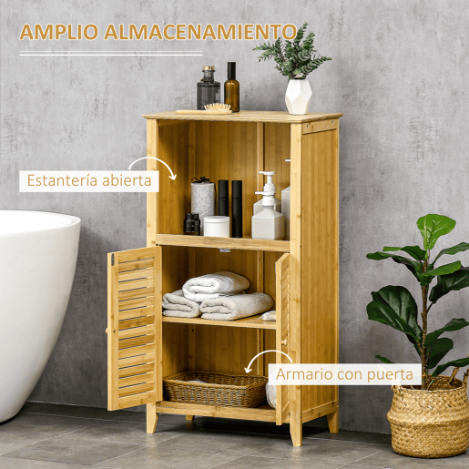HOMCOM Armário Auxiliar Casa de Banho de Bambu Armário de Casa de Banho com 2 Portas Compartimento Aberto e Prateleira Ajustável 50x25,5x92 cm Madeira