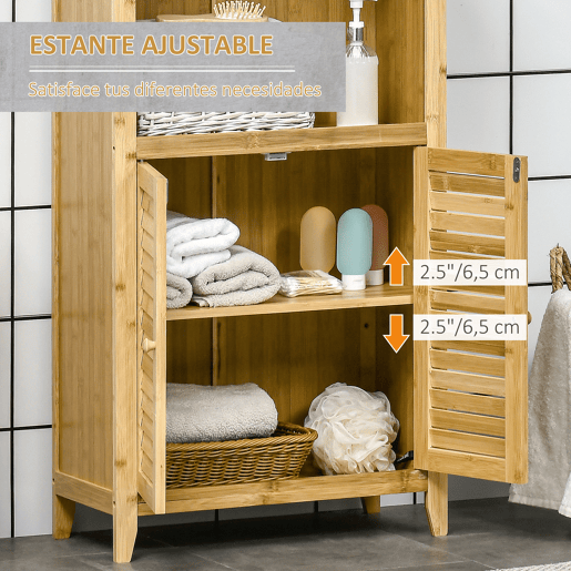 HOMCOM Armário Auxiliar Casa de Banho de Bambu Armário de Casa de Banho com 2 Portas Compartimento Aberto e Prateleira Ajustável 50x25,5x92 cm Madeira