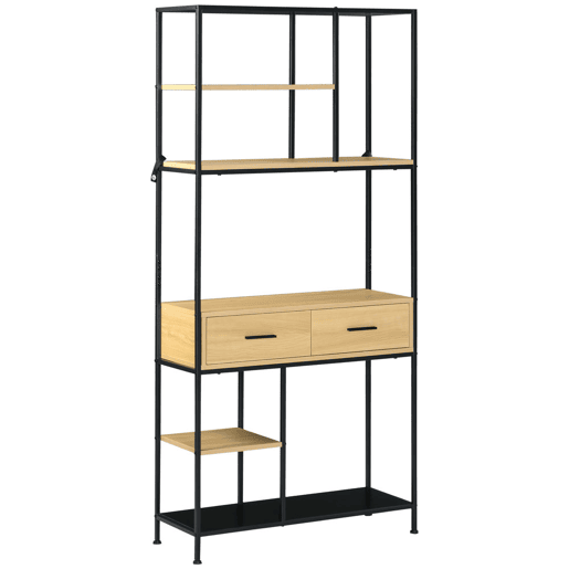 HOMCOM Estante Industrial de 5 Níveis Estante para Livros Móvel de Armazenamento com 2 Gavetas e Estrutura de Metal para Sala de Estar Escritório 80x30x170,5 cm Madeira e Preto