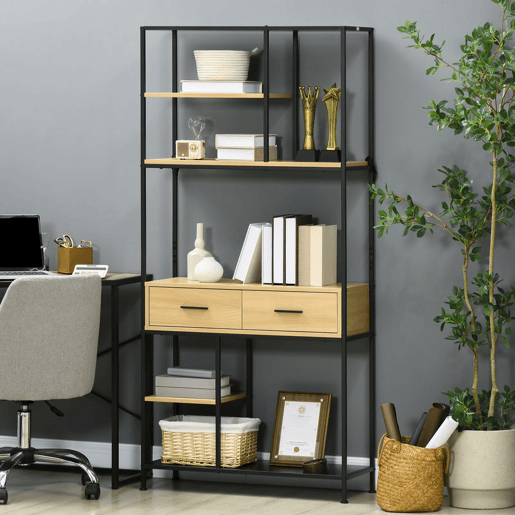 HOMCOM Estante Industrial de 5 Níveis Estante para Livros Móvel de Armazenamento com 2 Gavetas e Estrutura de Metal para Sala de Estar Escritório 80x30x170,5 cm Madeira e Preto