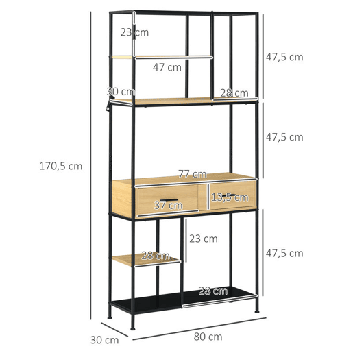 HOMCOM Estante Industrial de 5 Níveis Estante para Livros Móvel de Armazenamento com 2 Gavetas e Estrutura de Metal para Sala de Estar Escritório 80x30x170,5 cm Madeira e Preto