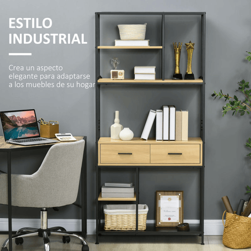 HOMCOM Estante Industrial de 5 Níveis Estante para Livros Móvel de Armazenamento com 2 Gavetas e Estrutura de Metal para Sala de Estar Escritório 80x30x170,5 cm Madeira e Preto
