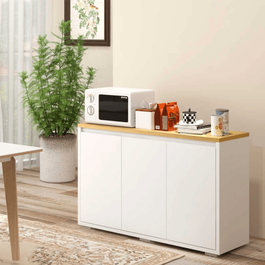 HOMCOM Aparador de Sala de Estar Armário de Armazenamento Móvel Auxiliar de Cozinha com 3 Portas e Prateleiras Ajustáveis para Sala de Jantar Entrada 120x37x75 cm Branco e Madeira