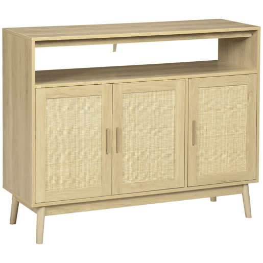 HOMCOM Aparador Sala de Estar de Estilo Cannage Móvel Buffet Auxiliar com 3 Portas de Vime Prateleiras Ajustáveis e Pés de Madeira para Sala de Estar Sala de Jantar 120x40x97 cm Madeira