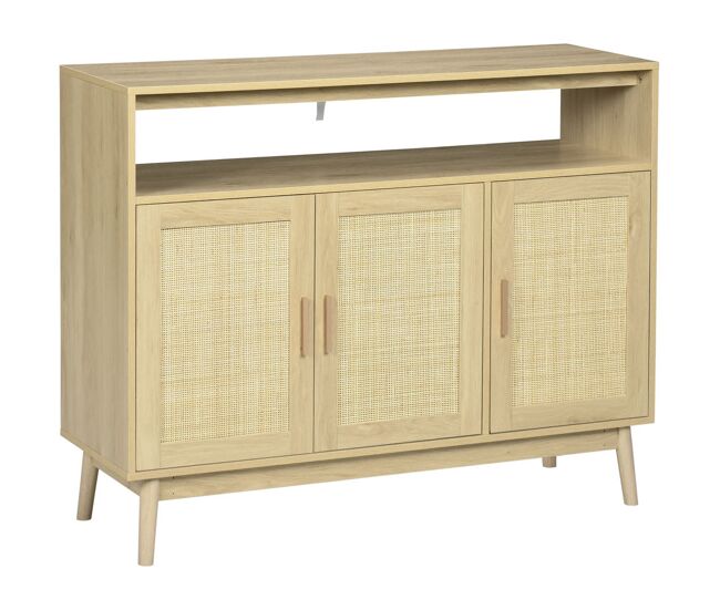 Homcom aparador de cocina de estilo boho mueble buffet auxiliar con 3 puertas de ratán estantes ajustables y patas de madera para salón comedor