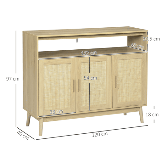 HOMCOM Aparador Sala de Estar de Estilo Cannage Móvel Buffet Auxiliar com 3 Portas de Vime Prateleiras Ajustáveis e Pés de Madeira para Sala de Estar Sala de Jantar 120x40x97 cm Madeira