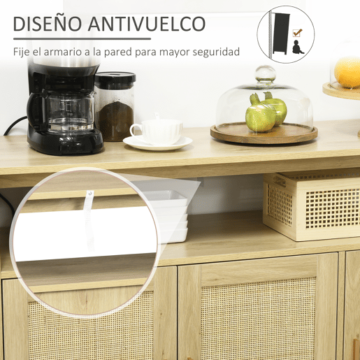 HOMCOM Aparador Sala de Estar de Estilo Cannage Móvel Buffet Auxiliar com 3 Portas de Vime Prateleiras Ajustáveis e Pés de Madeira para Sala de Estar Sala de Jantar 120x40x97 cm Madeira