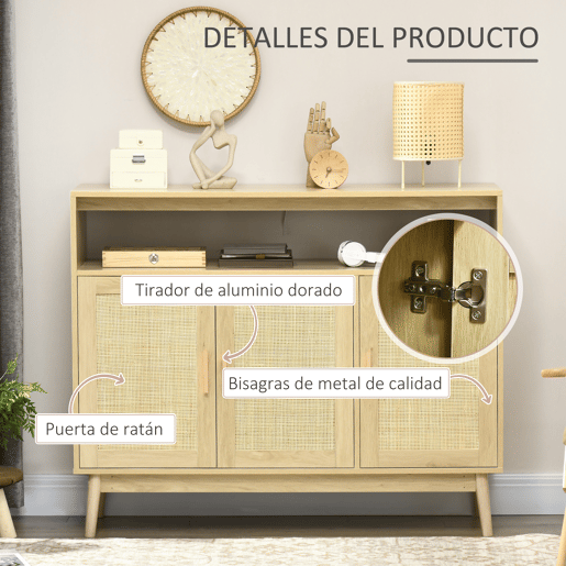 HOMCOM Aparador Sala de Estar de Estilo Cannage Móvel Buffet Auxiliar com 3 Portas de Vime Prateleiras Ajustáveis e Pés de Madeira para Sala de Estar Sala de Jantar 120x40x97 cm Madeira