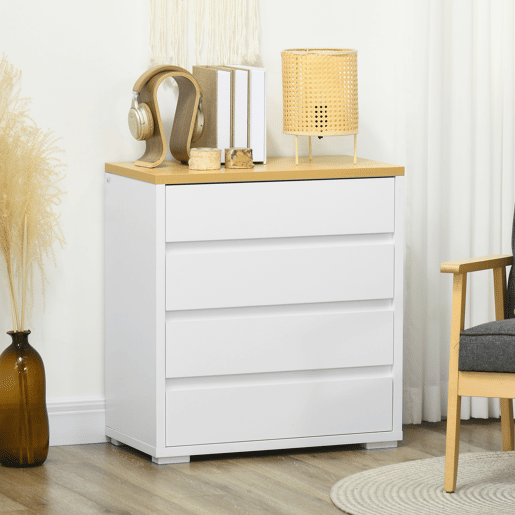 HOMCOM Cómoda Moderna com 4 Gavetas Cómoda de Madeira para Dormitório Sala de Estar Carga Máxima 40 kg 70x37x75 cm Branco e Madeira