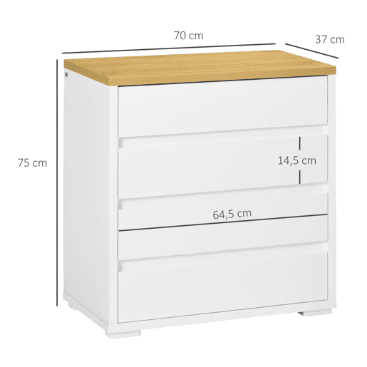 HOMCOM Cómoda Moderna com 4 Gavetas Cómoda de Madeira para Dormitório Sala de Estar Carga Máxima 40 kg 70x37x75 cm Branco e Madeira