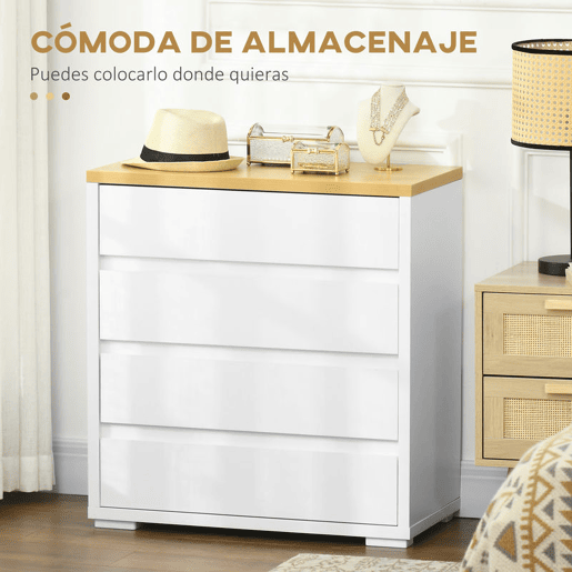 HOMCOM Cómoda Moderna com 4 Gavetas Cómoda de Madeira para Dormitório Sala de Estar Carga Máxima 40 kg 70x37x75 cm Branco e Madeira