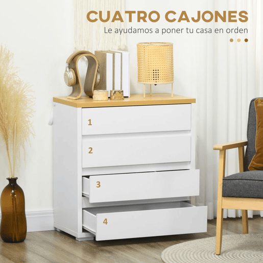 HOMCOM Cómoda Moderna com 4 Gavetas Cómoda de Madeira para Dormitório Sala de Estar Carga Máxima 40 kg 70x37x75 cm Branco e Madeira