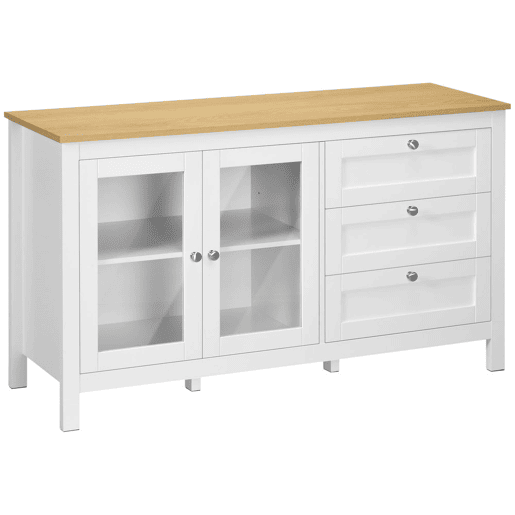 HOMCOM Aparador para Sala de Estar Armário Auxiliar com 2 Portas de Vidro 3 Gavetas e Prateleira Ajustável para Cozinha Sala de Jantar Corredor 120x40x70 cm Branco e Madeira