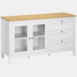 HOMCOM Aparador para Sala de Estar Armário Auxiliar com 2 Portas de Vidro 3 Gavetas e Prateleira Ajustável para Cozinha Sala de Jantar Corredor 120x40x70 cm Branco e Madeira