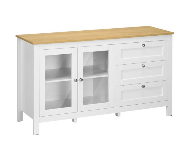 Homcom aparador para salón armario auxiliar con 2 puertas de vidrio 3 cajones y estante ajustable para cocina comedor pasillo 120x40x70 cm blanco