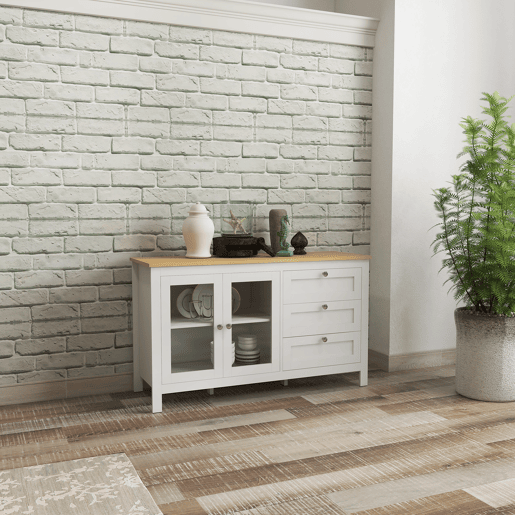 HOMCOM Aparador para Sala de Estar Armário Auxiliar com 2 Portas de Vidro 3 Gavetas e Prateleira Ajustável para Cozinha Sala de Jantar Corredor 120x40x70 cm Branco e Madeira