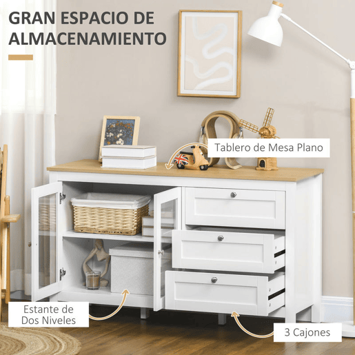 HOMCOM Aparador para Sala de Estar Armário Auxiliar com 2 Portas de Vidro 3 Gavetas e Prateleira Ajustável para Cozinha Sala de Jantar Corredor 120x40x70 cm Branco e Madeira