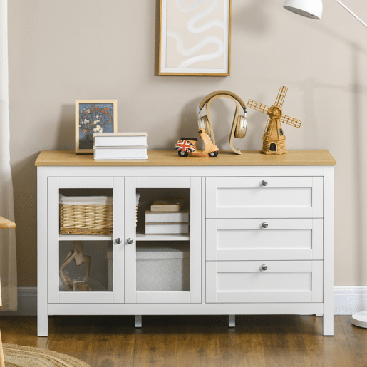HOMCOM Aparador para Sala de Estar Armário Auxiliar com 2 Portas de Vidro 3 Gavetas e Prateleira Ajustável para Cozinha Sala de Jantar Corredor 120x40x70 cm Branco e Madeira