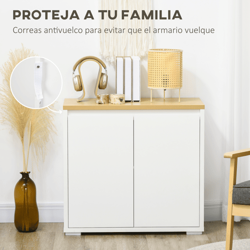 HOMCOM Aparador de Sala de Estar Armário de Armazenamento Móvel Auxiliar de Cozinha com 2 Portas e Prateleira Ajustável para Sala de Jantar Entrada 80x37x75 cm Branco e Madeira